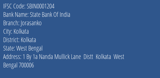 State Bank Of India Jorasanko Branch IFSC Code
