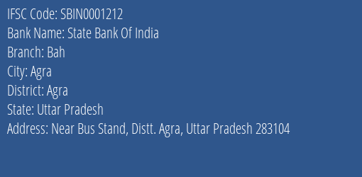 State Bank Of India Bah Branch Agra IFSC Code SBIN0001212