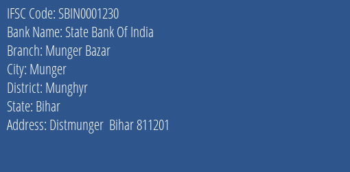 State Bank Of India Munger Bazar Branch, Branch Code 001230 & IFSC Code Sbin0001230
