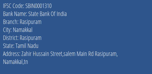 State Bank Of India Rasipuram Branch Rasipuram IFSC Code SBIN0001310