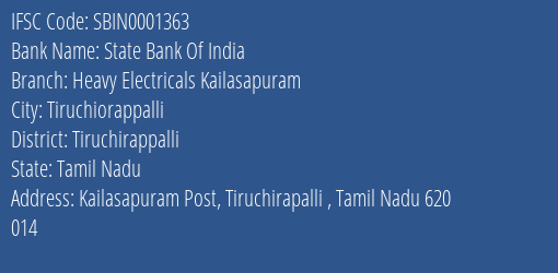 State Bank Of India Heavy Electricals Kailasapuram Branch Tiruchirappalli IFSC Code SBIN0001363