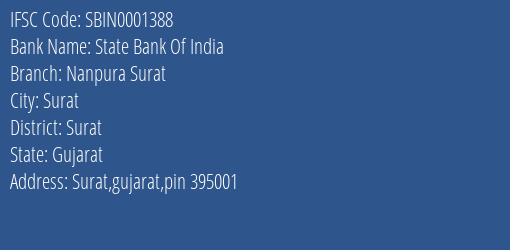 State Bank Of India Nanpura Surat Branch, Branch Code 001388 & IFSC Code SBIN0001388