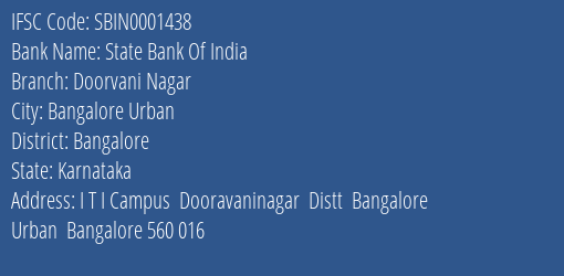 State Bank Of India Doorvani Nagar, Bangalore IFSC Code SBIN0001438