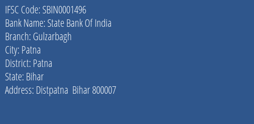 State Bank Of India Gulzarbagh Branch, Branch Code 001496 & IFSC Code Sbin0001496