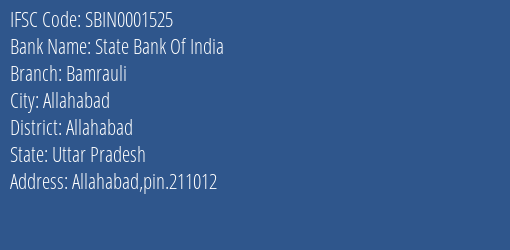 State Bank Of India Bamrauli Branch Allahabad IFSC Code SBIN0001525