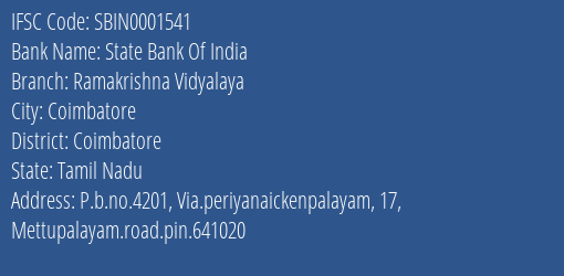 State Bank Of India Ramakrishna Vidyalaya Branch Coimbatore IFSC Code SBIN0001541