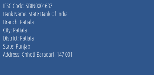 State Bank Of India Patiala Branch, Branch Code 001637 & IFSC Code SBIN0001637