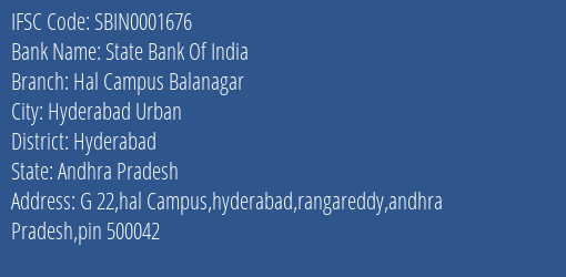 State Bank Of India Hal Campus Balanagar Branch, Branch Code 001676 & IFSC Code SBIN0001676