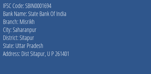 State Bank Of India Misrikh Branch Sitapur IFSC Code SBIN0001694