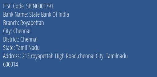 State Bank Of India Royapettah Branch Chennai IFSC Code SBIN0001793