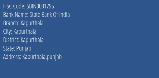 State Bank Of India Kapurthala Branch, Branch Code 001795 & IFSC Code SBIN0001795