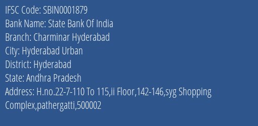 State Bank Of India Charminar Hyderabad Branch, Branch Code 001879 & IFSC Code SBIN0001879