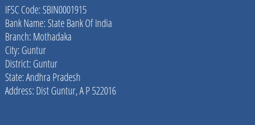 State Bank Of India Mothadaka Branch Guntur IFSC Code SBIN0001915