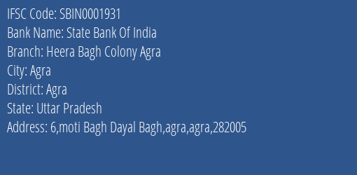 State Bank Of India Heera Bagh Colony Agra Branch Agra IFSC Code SBIN0001931