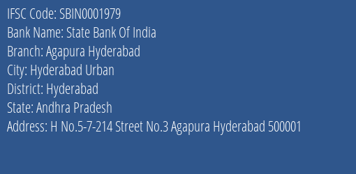 State Bank Of India Agapura Hyderabad Branch, Branch Code 001979 & IFSC Code SBIN0001979