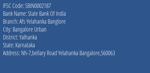 State Bank Of India Afs Yelahanka Banglore Branch Yalhanka IFSC Code SBIN0002187