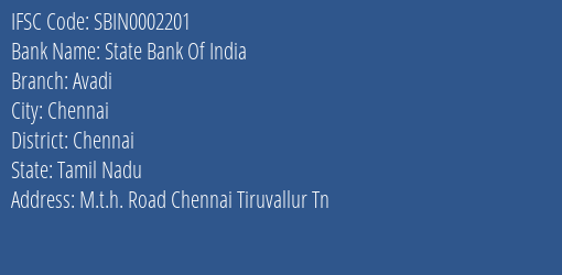 State Bank Of India Avadi Branch Chennai IFSC Code SBIN0002201