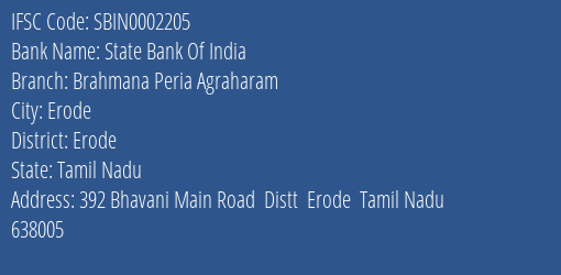 State Bank Of India Brahmana Peria Agraharam Branch Erode IFSC Code SBIN0002205