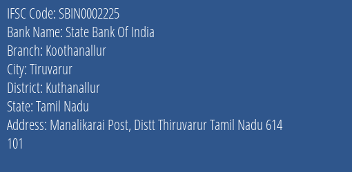 State Bank Of India Koothanallur Branch Kuthanallur IFSC Code SBIN0002225