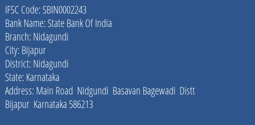 State Bank Of India Nidagundi Branch, Branch Code 002243 & IFSC Code Sbin0002243