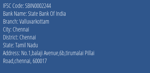 State Bank Of India Valluvarkottam Branch Chennai IFSC Code SBIN0002244