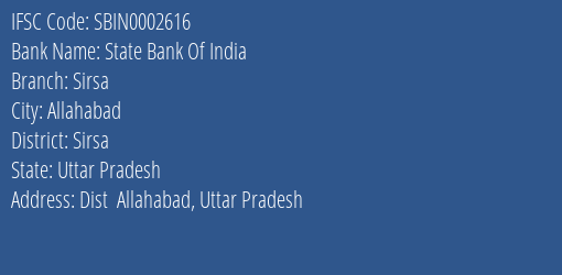 State Bank Of India Sirsa Branch Sirsa IFSC Code SBIN0002616