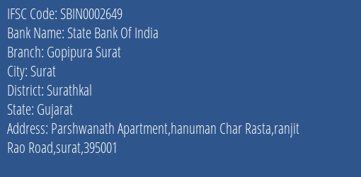 State Bank Of India Gopipura Surat Branch, Branch Code 002649 & IFSC Code SBIN0002649