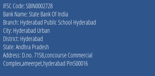 State Bank Of India Hyderabad Public School Hyderabad Branch IFSC Code