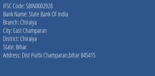 State Bank Of India Chiraiya Branch Chiraiya IFSC Code SBIN0002928