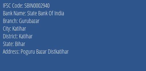 State Bank Of India Gurubazar Branch Katihar IFSC Code SBIN0002940