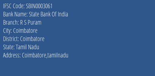 State Bank Of India R S Puram Branch Coimbatore IFSC Code SBIN0003061