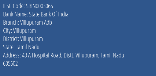 State Bank Of India Villupuram Adb Branch, Branch Code 003065 & IFSC Code Sbin0003065