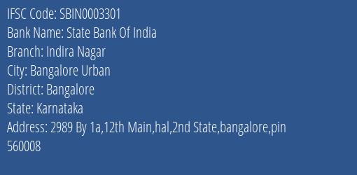 State Bank Of India Indira Nagar Branch, Branch Code 003301 & IFSC Code Sbin0003301