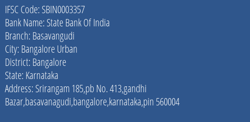 State Bank Of India Basavangudi Branch Bangalore IFSC Code SBIN0003357