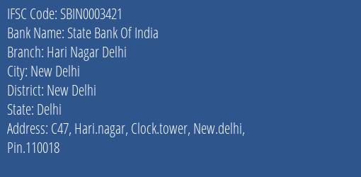 State Bank Of India Hari Nagar Delhi Branch IFSC Code