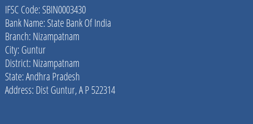 State Bank Of India Nizampatnam Branch Nizampatnam IFSC Code SBIN0003430