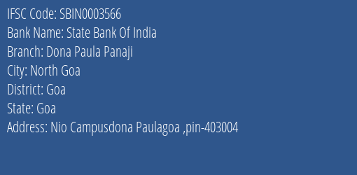 State Bank Of India Dona Paula Panaji Branch Goa IFSC Code SBIN0003566