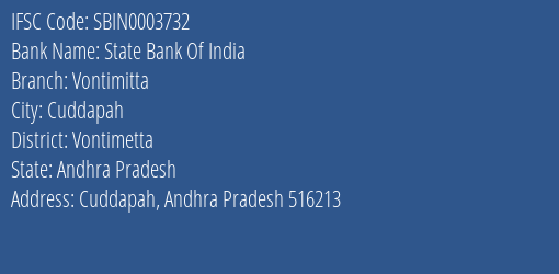 State Bank Of India Vontimitta Branch Vontimetta IFSC Code SBIN0003732