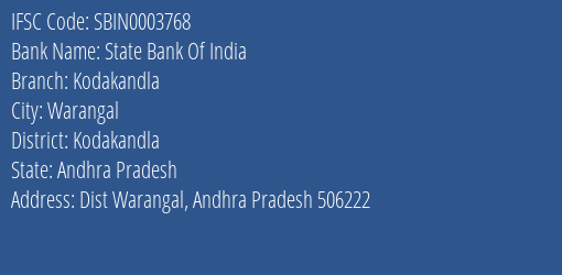 State Bank Of India Kodakandla Branch Kodakandla IFSC Code SBIN0003768