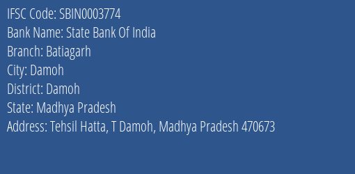 State Bank Of India Batiagarh Branch, Branch Code 003774 & IFSC Code SBIN0003774
