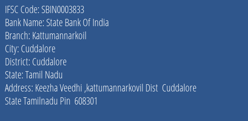 State Bank Of India Kattumannarkoil Branch Cuddalore IFSC Code SBIN0003833