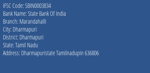 State Bank Of India Marandahalli Branch Dharmapuri IFSC Code SBIN0003834