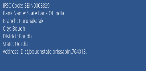 State Bank Of India Purunakatak Branch Boudh IFSC Code SBIN0003839