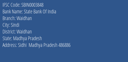 State Bank Of India Waidhan Branch Waidhan IFSC Code SBIN0003848