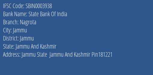 State Bank Of India Nagrota Branch Jammu IFSC Code SBIN0003938