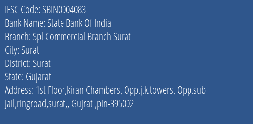 State Bank Of India Spl Commercial Branch Surat Branch, Branch Code 004083 & IFSC Code SBIN0004083