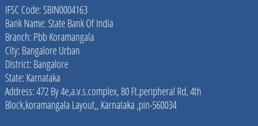 State Bank Of India Pbb Koramangala Branch Bangalore IFSC Code SBIN0004163
