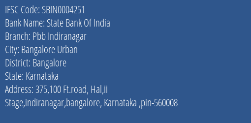 State Bank Of India Pbb Indiranagar Branch Bangalore IFSC Code SBIN0004251