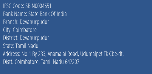 State Bank Of India Devanurpudur Branch Devanurpudur IFSC Code SBIN0004651