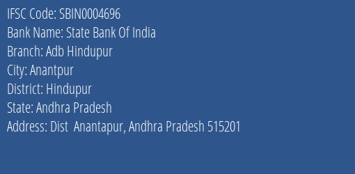 State Bank Of India Adb Hindupur Branch, Branch Code 004696 & IFSC Code SBIN0004696